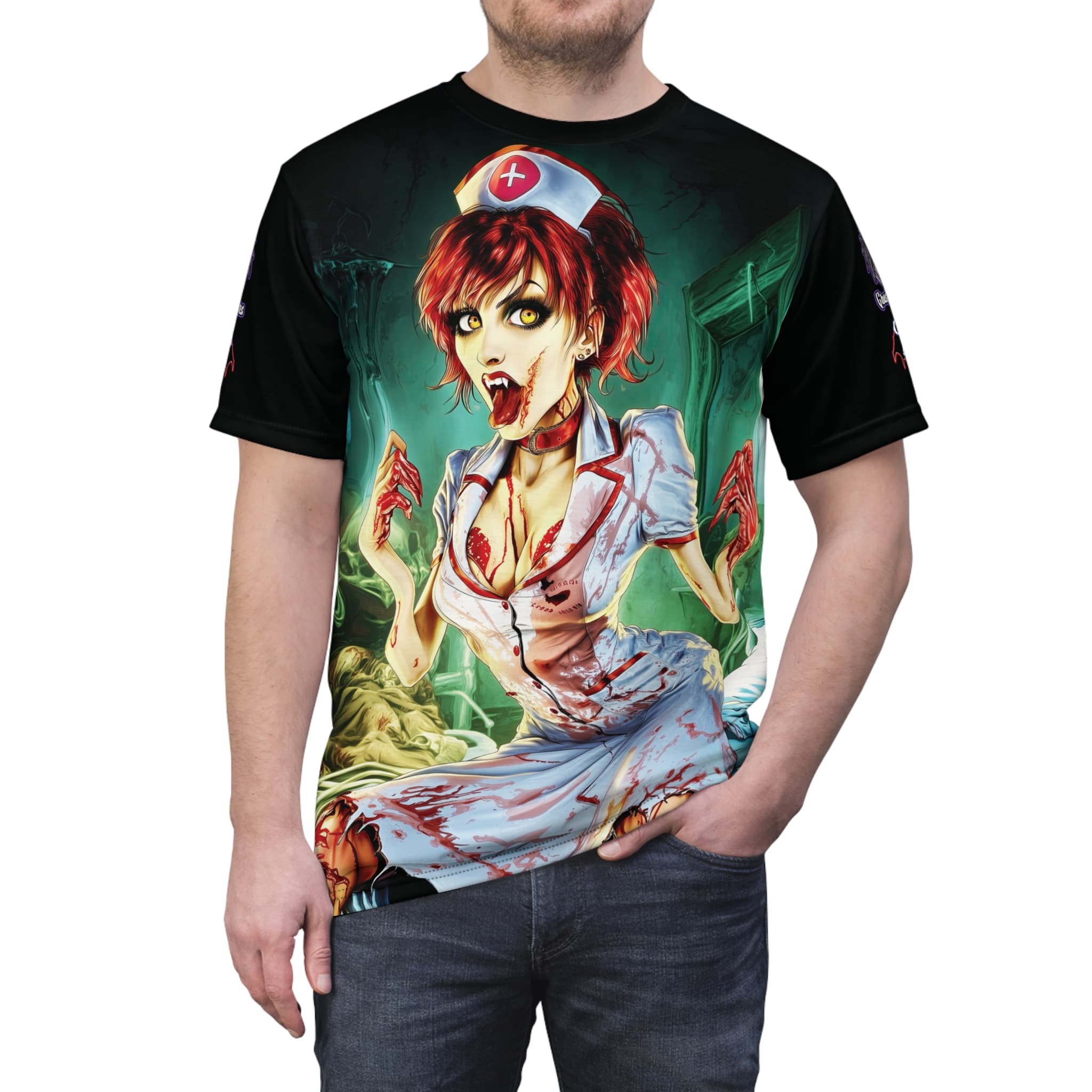 Undead Angels Zombie Nurse Abigail Reborn Style II-BZ Unisex Cut & Sew Tee (AOP) - Image 9