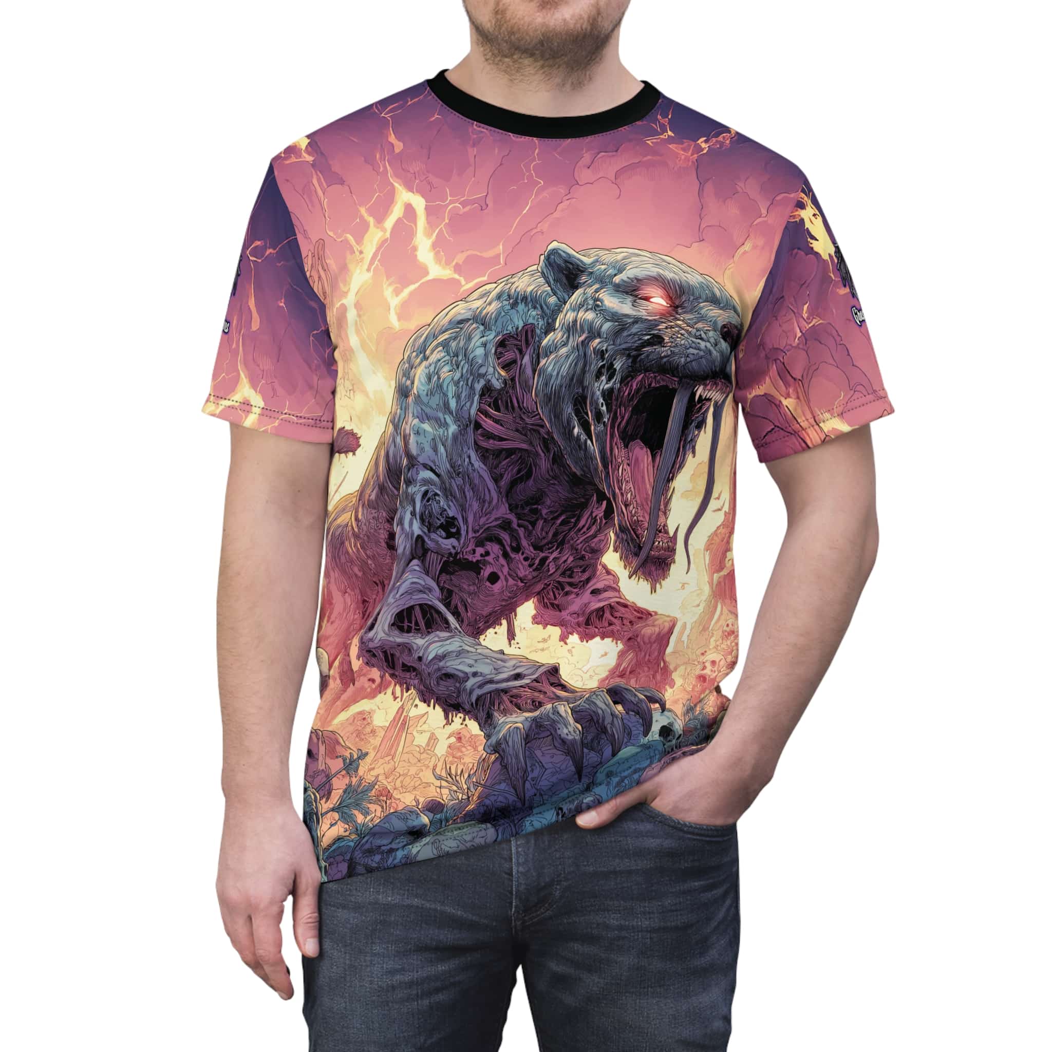 Zombie Smilodon Sabretooth Cat In Volcanic Wasteland Tee Unisex (AOP) - Image 9
