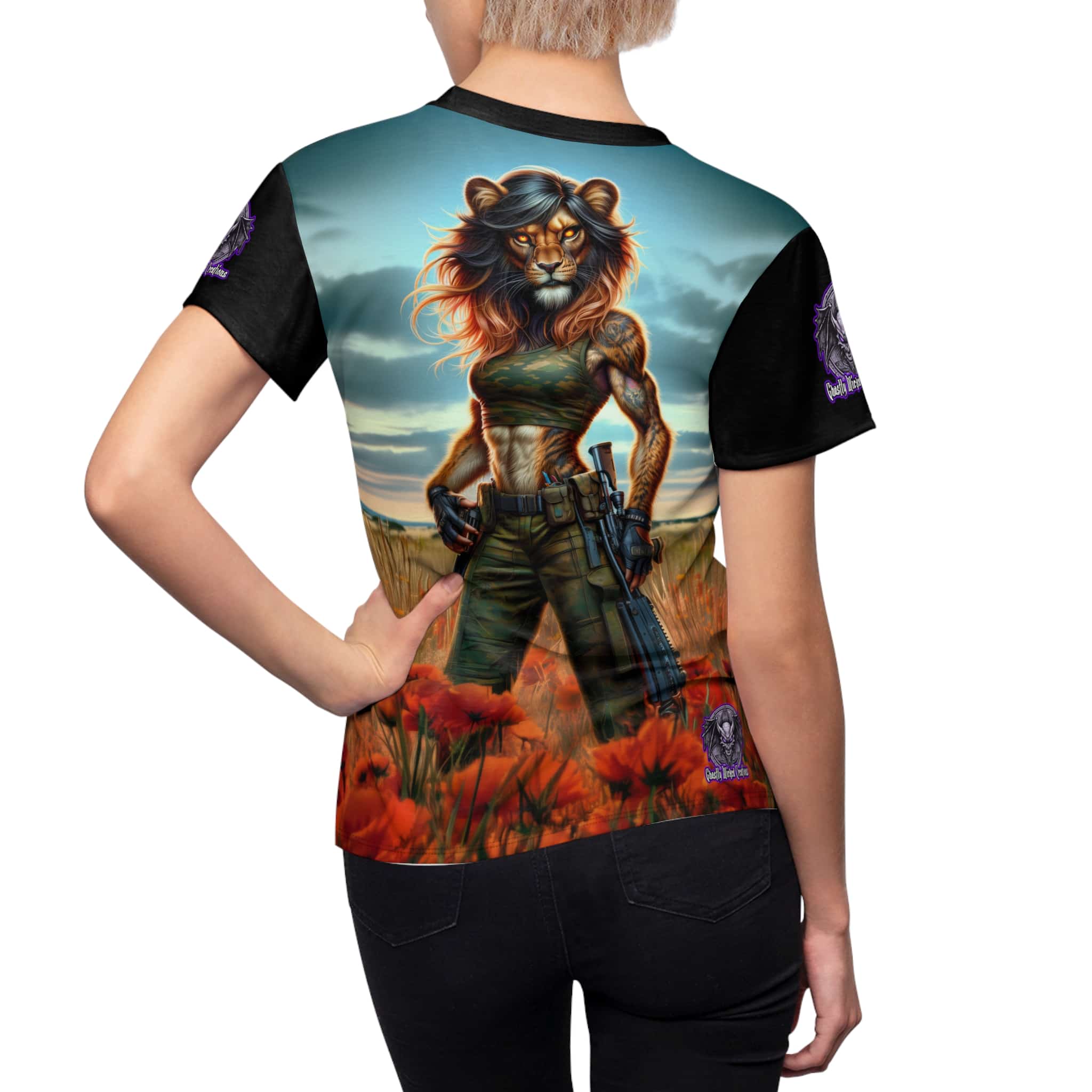 Arm The Animals: Commando Lioness #AA-D-Lis001 Women's Cut & Sew Tee (AOP) - Image 5