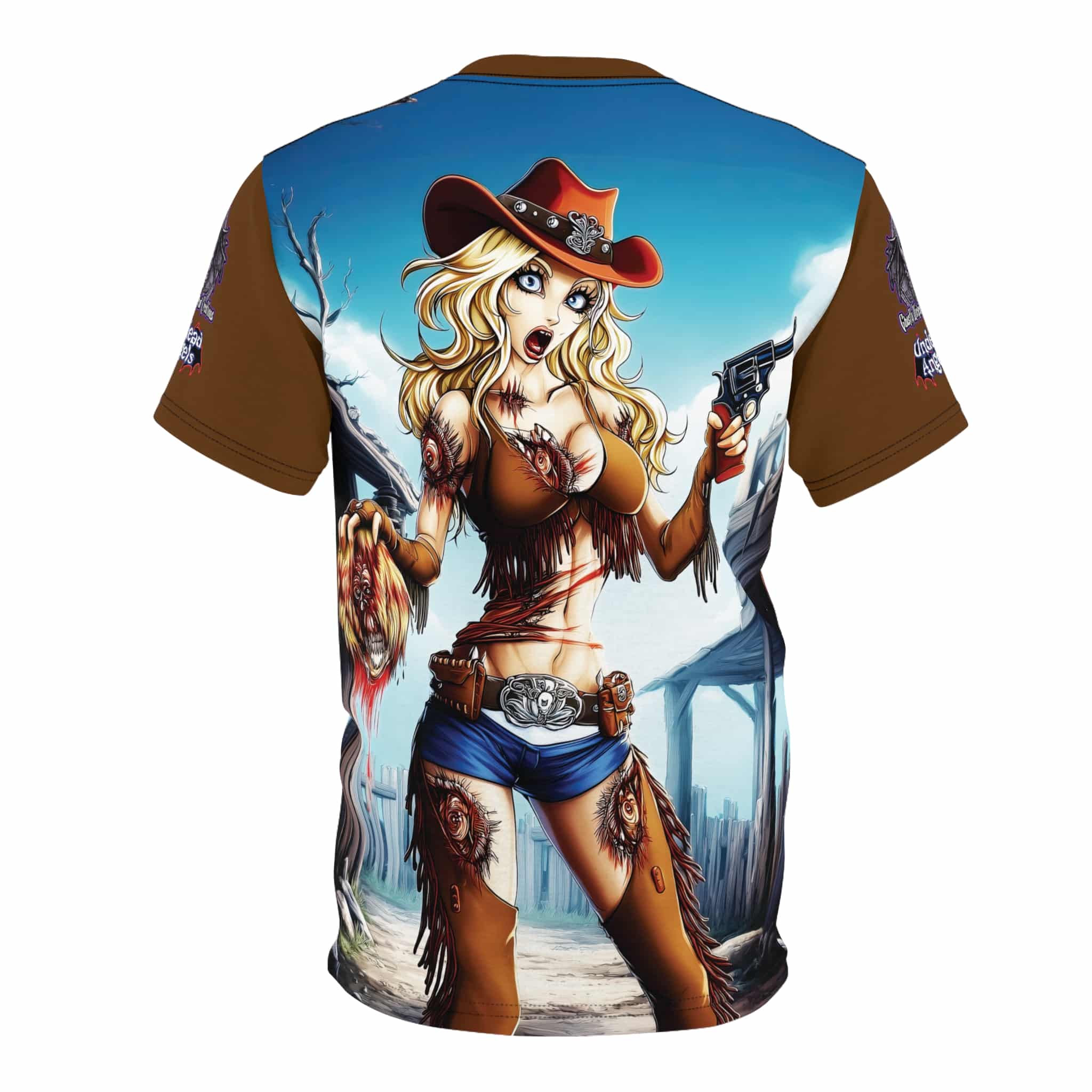 Undead Angels Zombie Cowgirl Cassidy Classic Reborn Style Unisex Cut & Sew Tee (AOP) Brown - Image 7