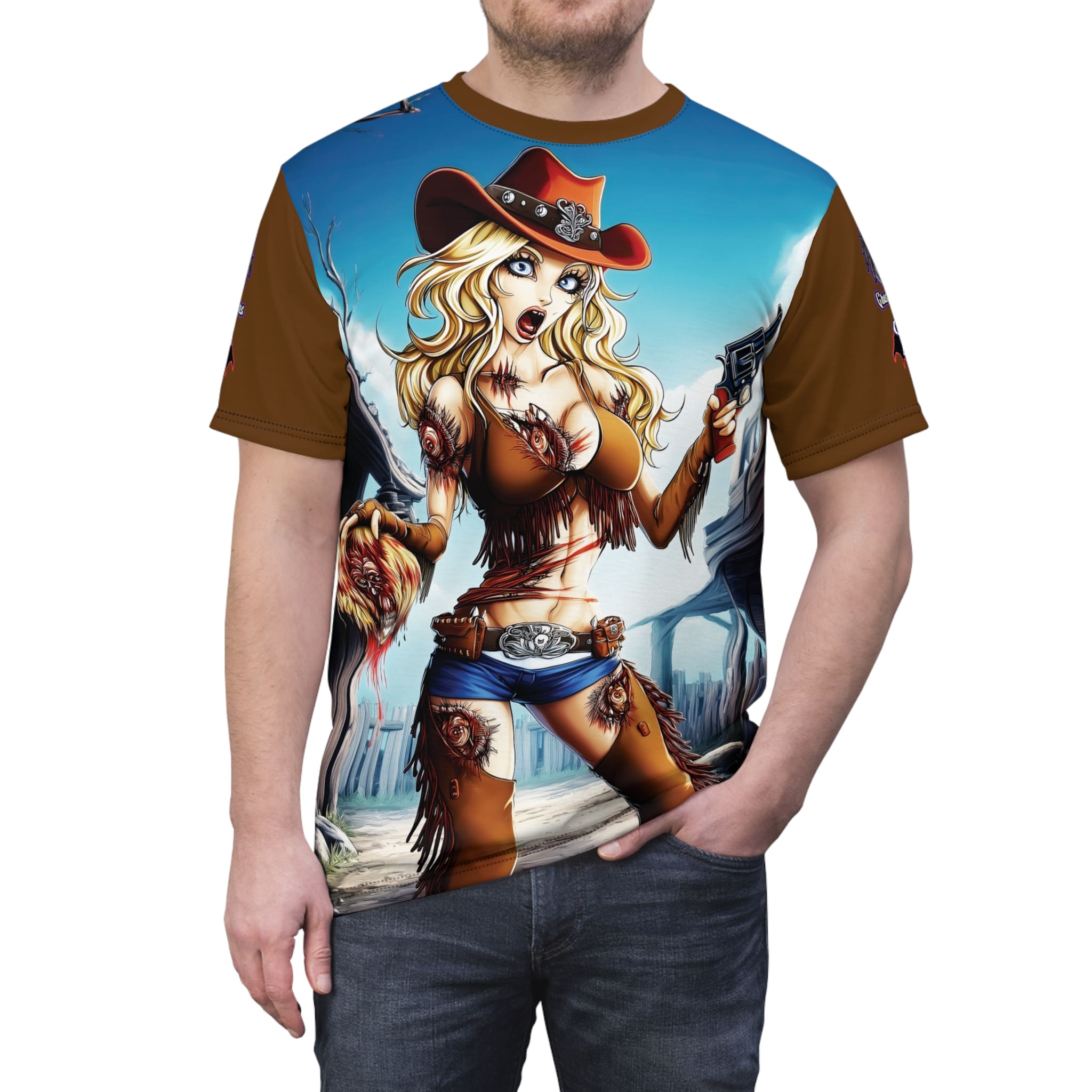 Undead Angels Zombie Cowgirl Cassidy Classic Reborn Style Unisex Cut & Sew Tee (AOP) Brown - Image 9