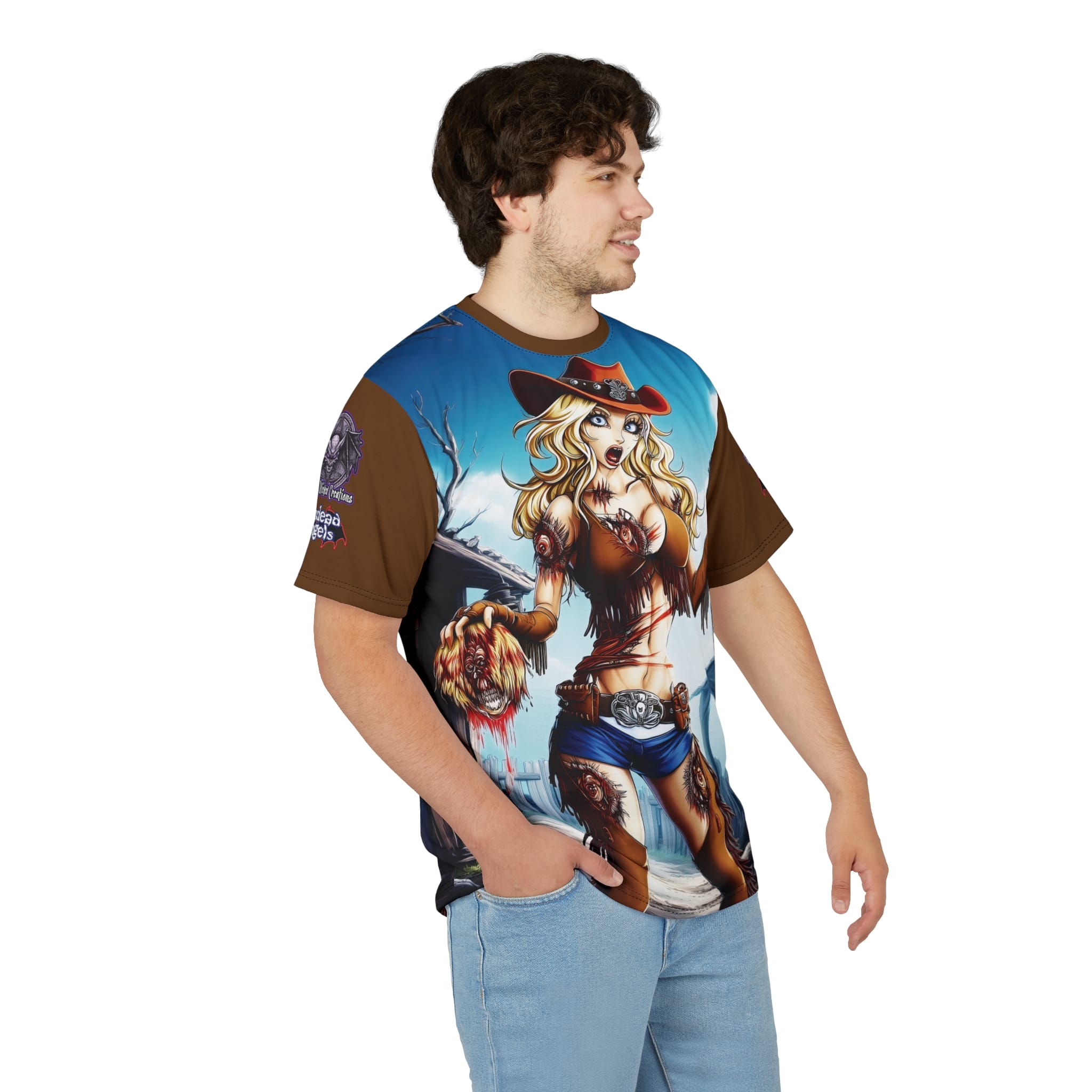 Undead Angels Zombie Cowgirl Cassidy Classic Reborn Style Unisex Cut & Sew Tee (AOP) Brown - Image 16
