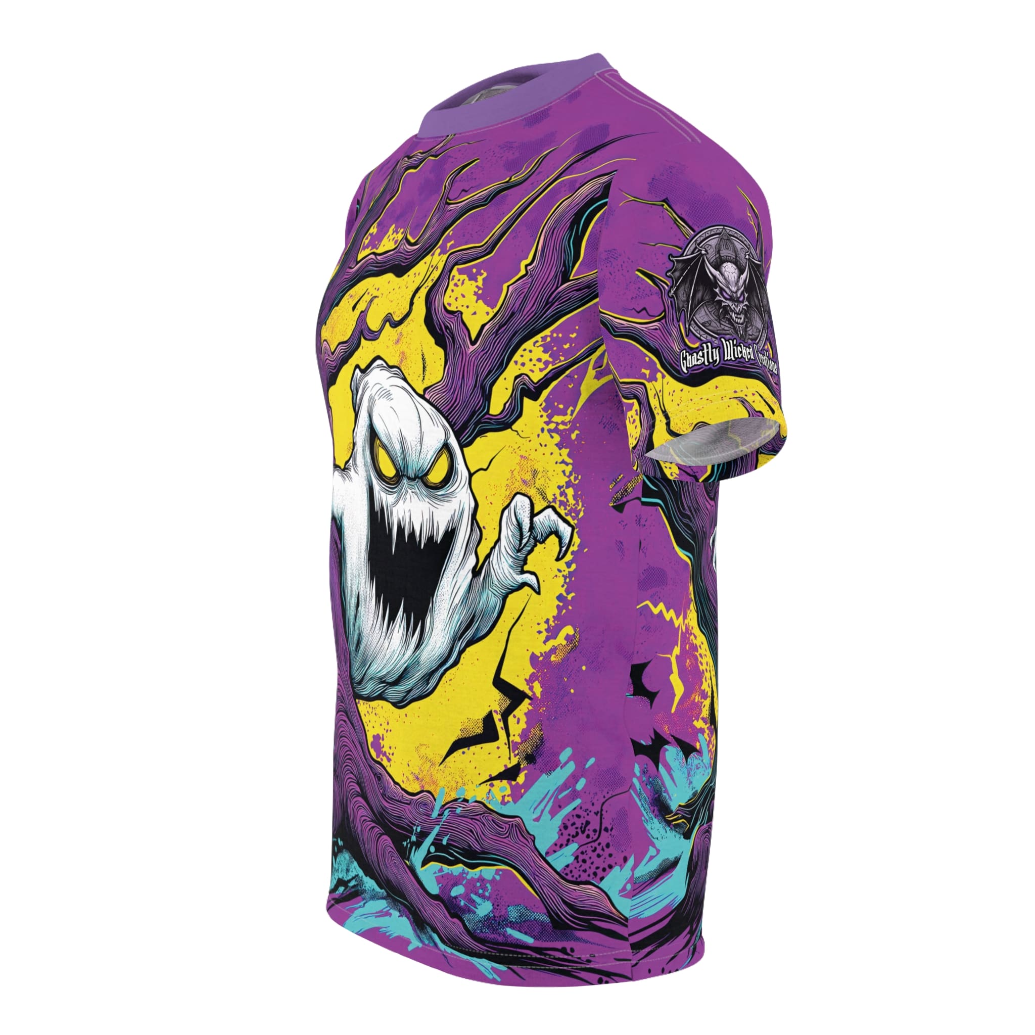Ghost & Spooky Tree II Pop 60’s Art Style Unisex Cut & Sew Tee (AOP) Halloween - Image 7