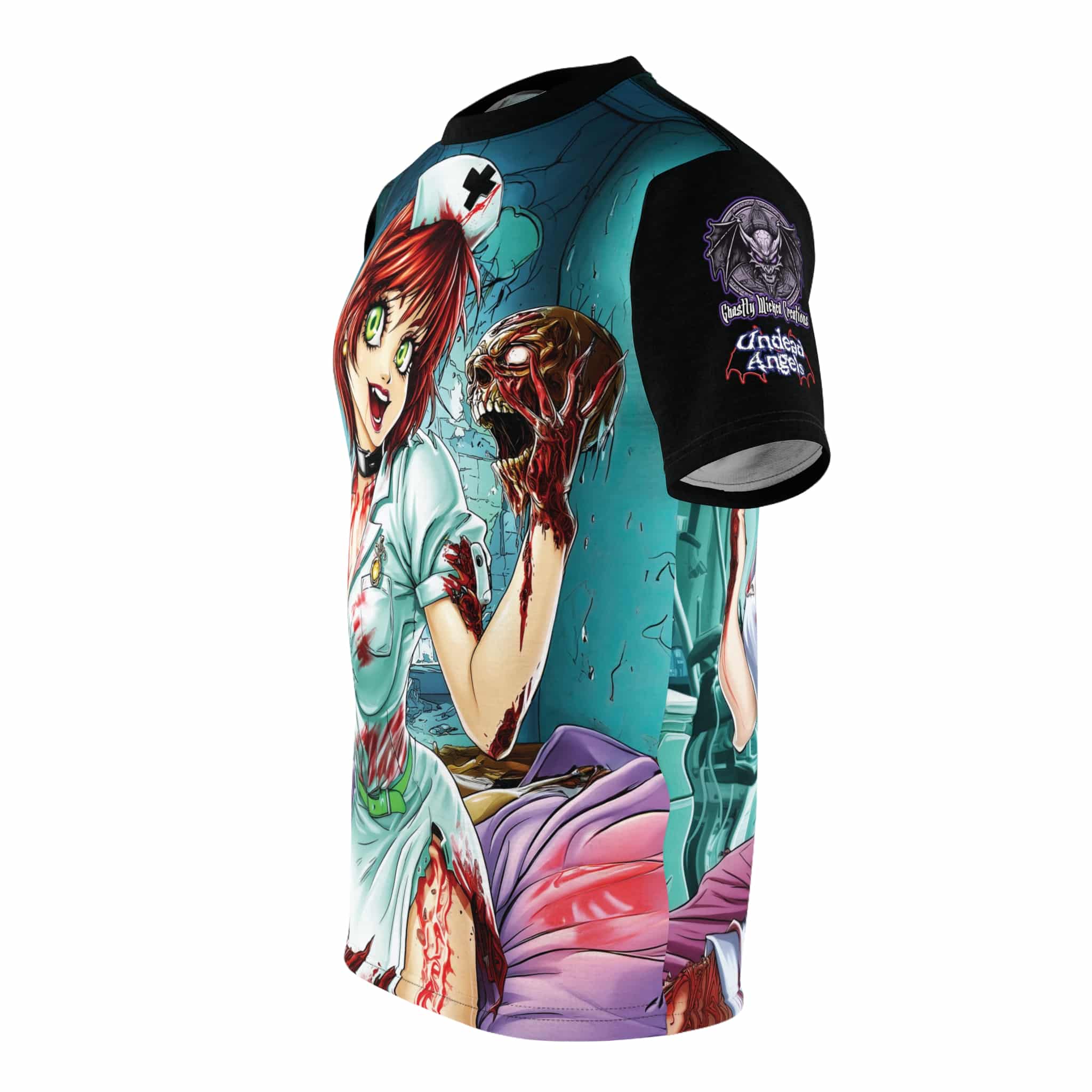 Undead Angels Zombie Nurse Abigail Classic Reborn Style II-DS Unisex Cut & Sew Tee (AOP) - Image 3