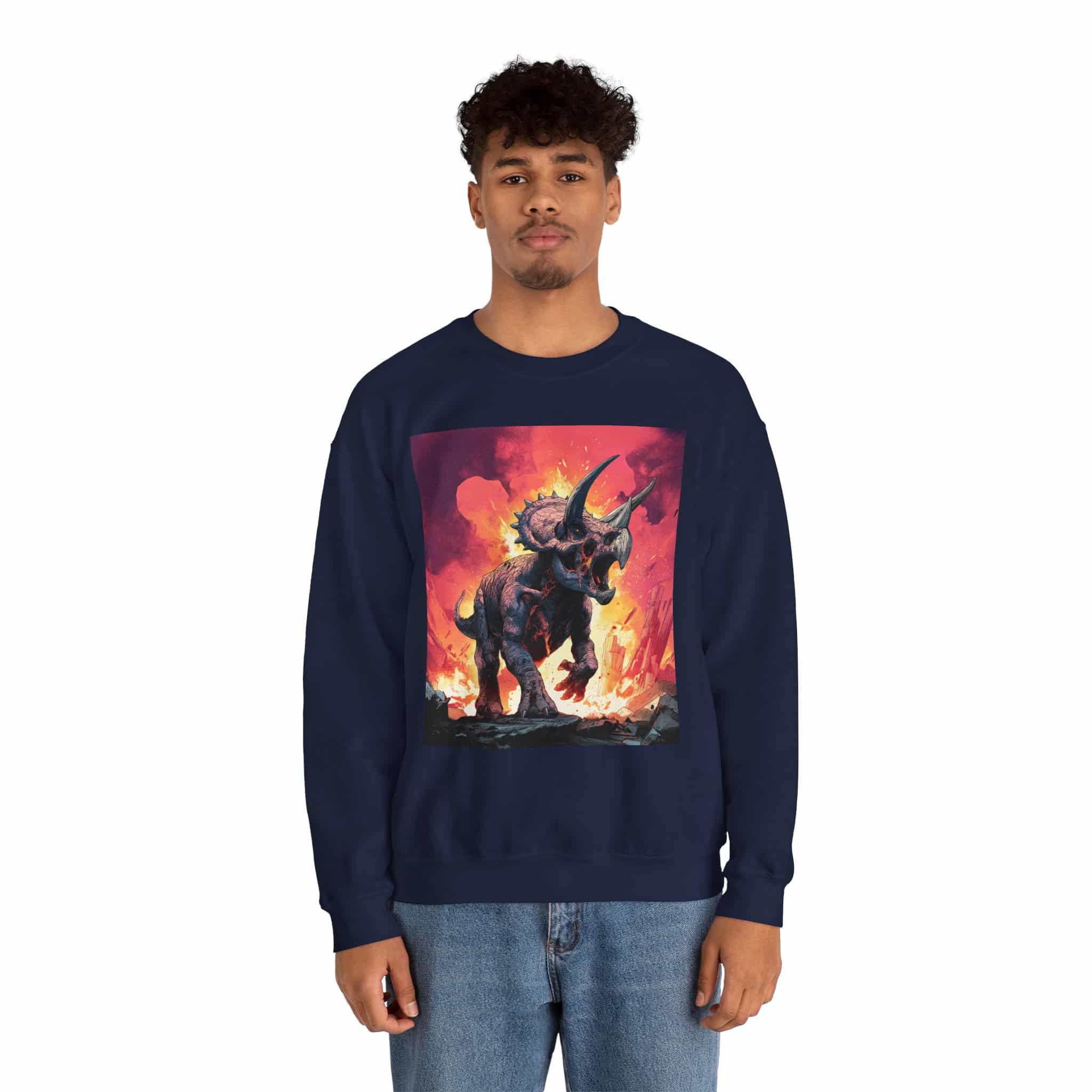Skeletal Zombie Triceratops In Volcanic Wasteland Unisex Heavy Blend™ Crewneck Sweatshirt - Image 56