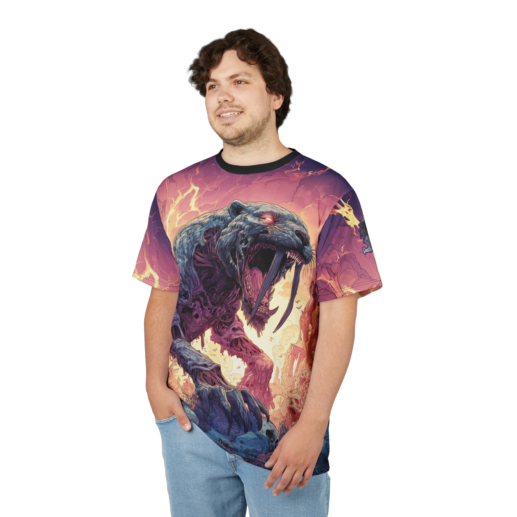 Zombie Smilodon Sabretooth Cat In Volcanic Wasteland Tee Unisex (AOP) - Image 10