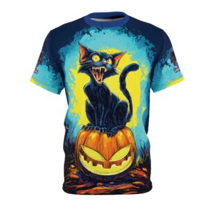 Black Cat On Jack O' Lantern Pop 60’s Art Style Unisex Cut & Sew Tee (AOP) Halloween