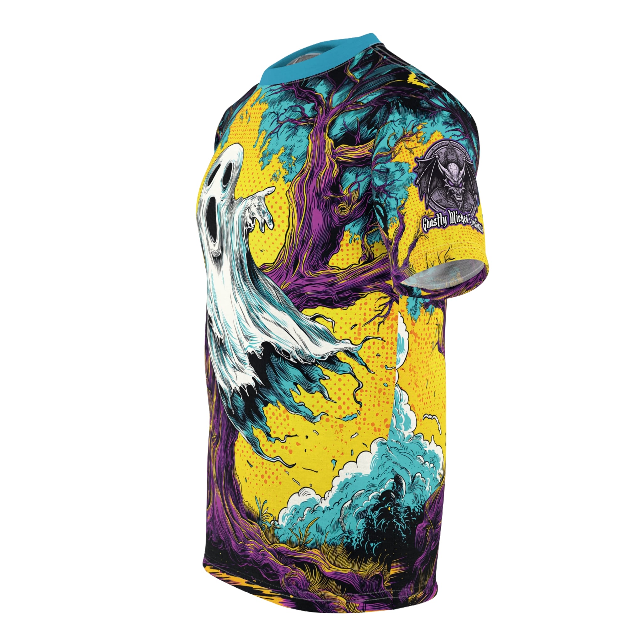 Ghost & Spooky Tree Pop 60’s Art Style Unisex Cut & Sew Tee (AOP) Halloween - Image 7
