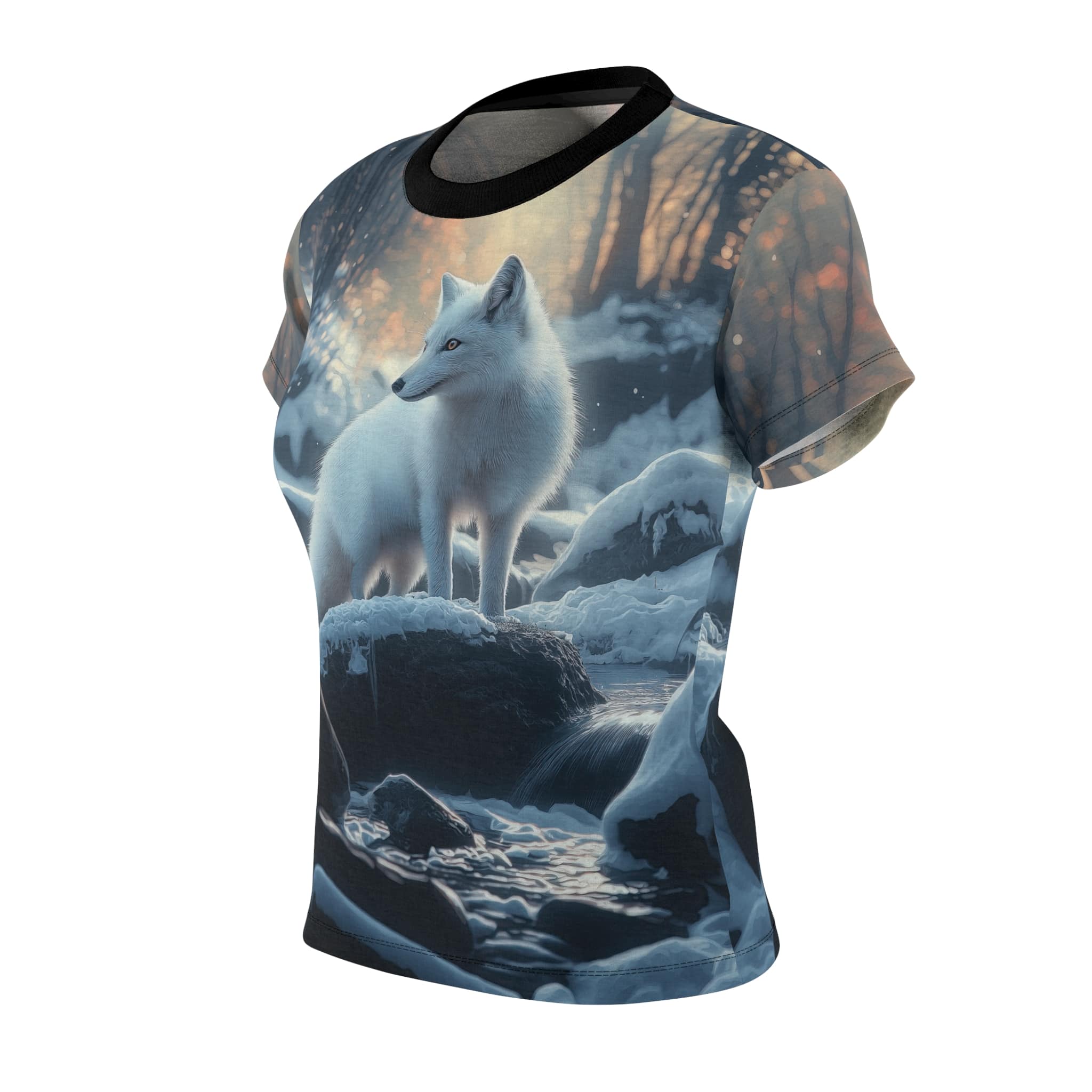 Arctic Fox In Woods Women's Tee by Wyldesigns - Wildlife Graphic T-Shirt #WD-M020 (AOP) - Image 6
