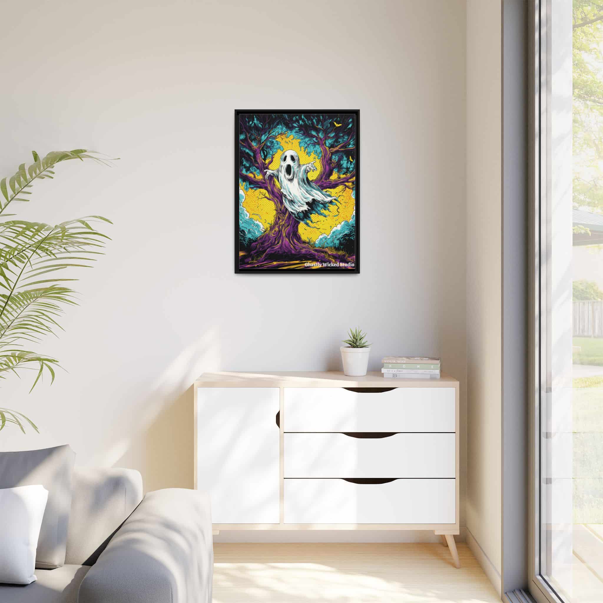Ghost & Spooky Tree Pop 60’s Art Style Matte Canvas, Black Frame Halloween - Image 12