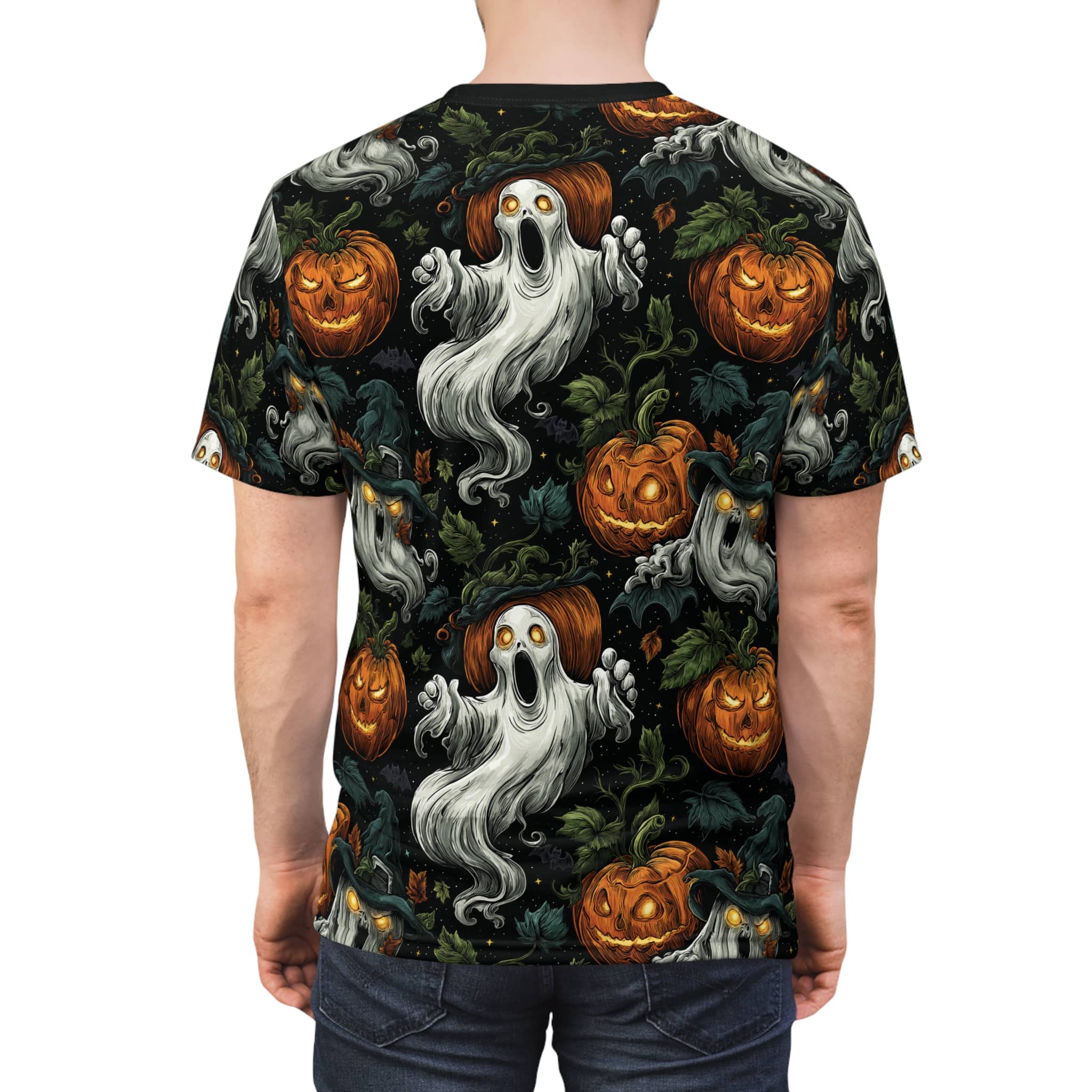 Halloween Ghosts & Pumpkins Pattern 1 Unisex Cut & Sew Tee (AOP) - Image 13