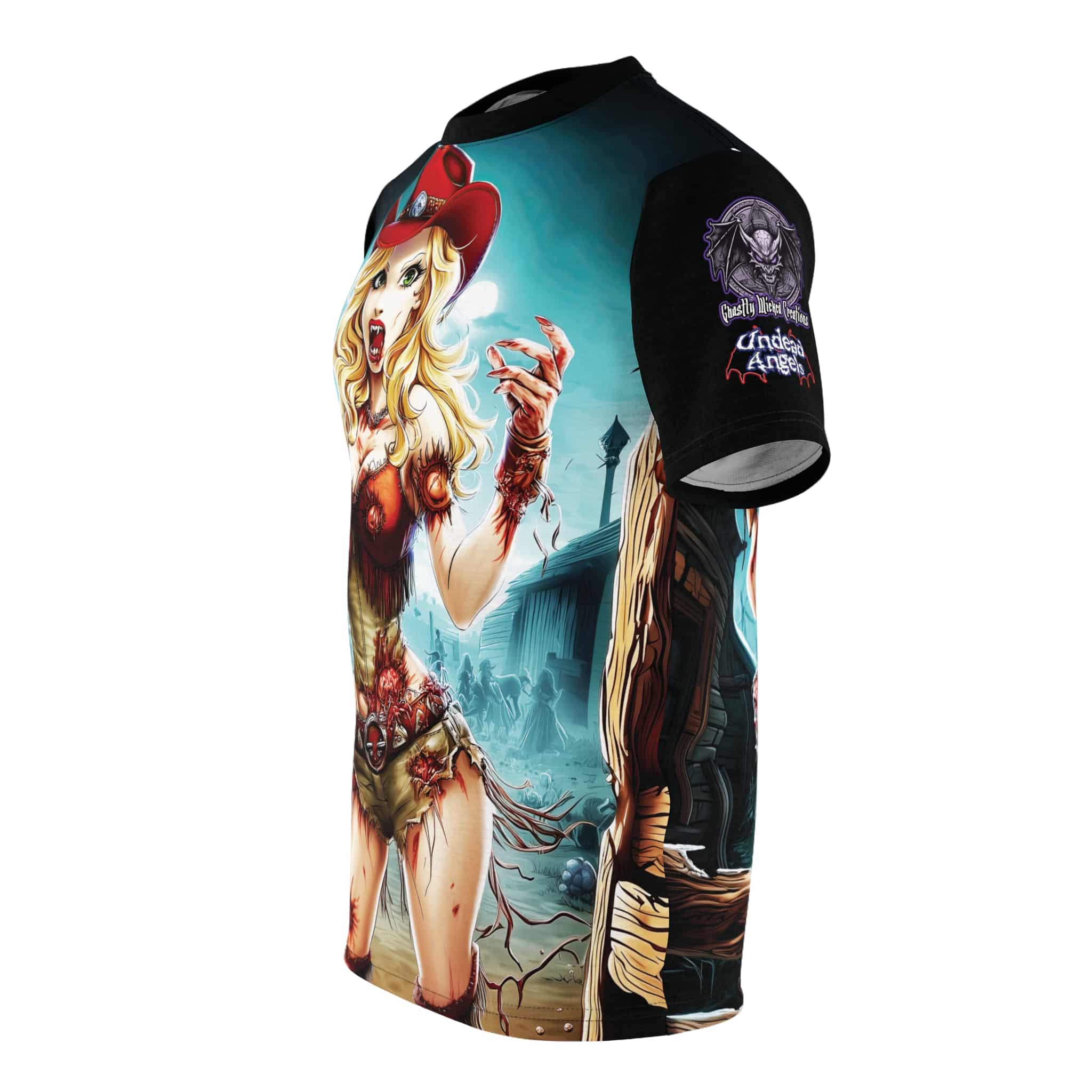 Undead Angels Zombie Cowgirl Cassidy Classic Reborn Style IIDS Unisex Cut & Sew Tee (AOP) - Image 17