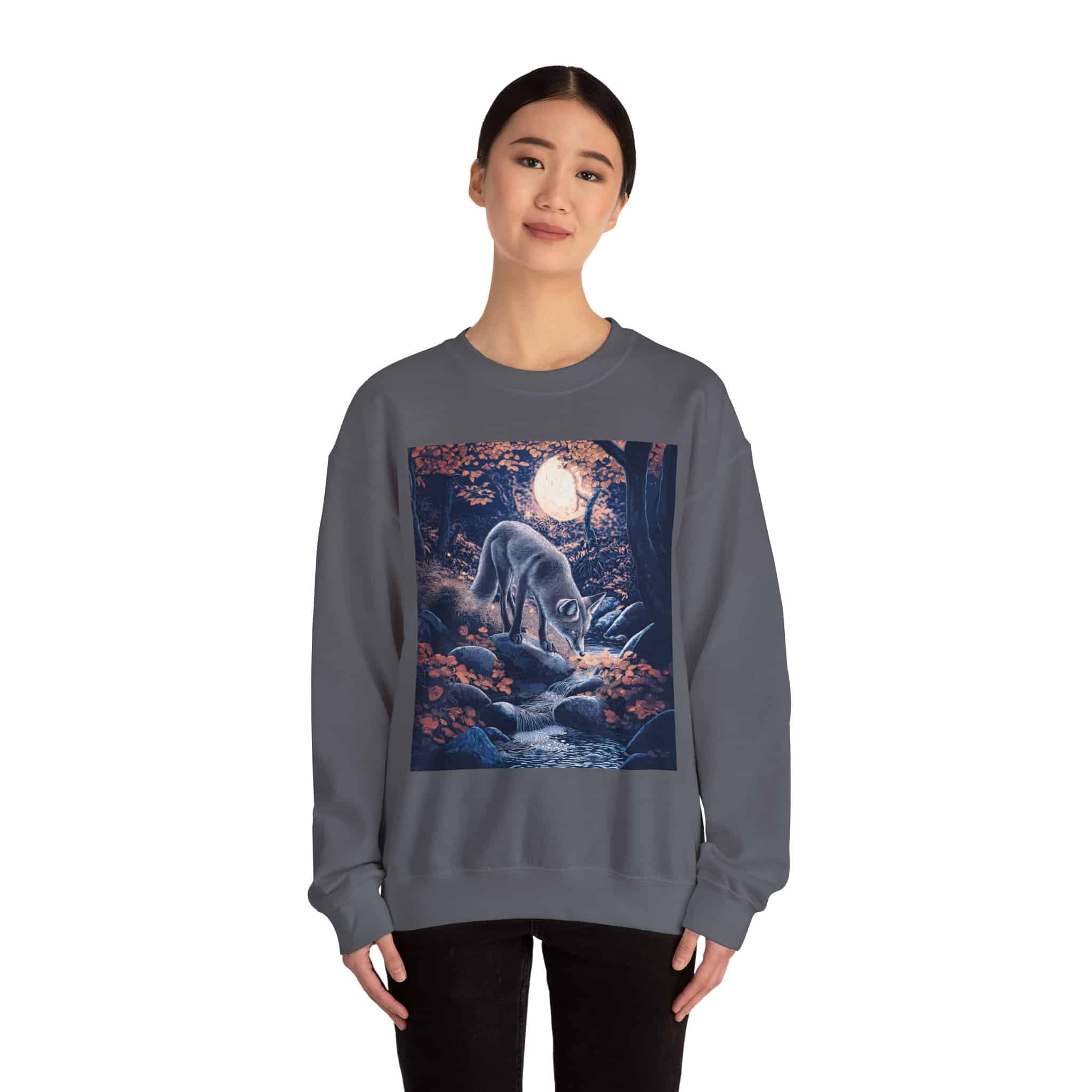Fox By Stream At Moonlight by Wyldesigns Unisex Heavy Blend™ Crewneck Sweatshirt - Image 2