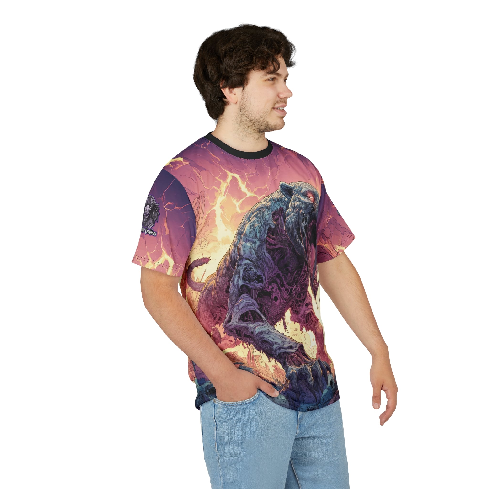 Zombie Smilodon Sabretooth Cat In Volcanic Wasteland Tee Unisex (AOP) - Image 16