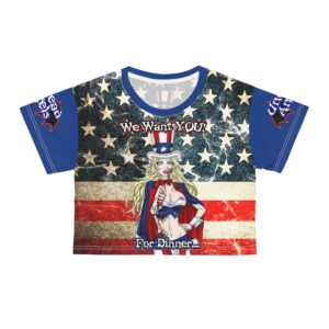 Samantha Undead Angel Patriot - Classic Art Crop Tee (AOP) - Blue Sleeves