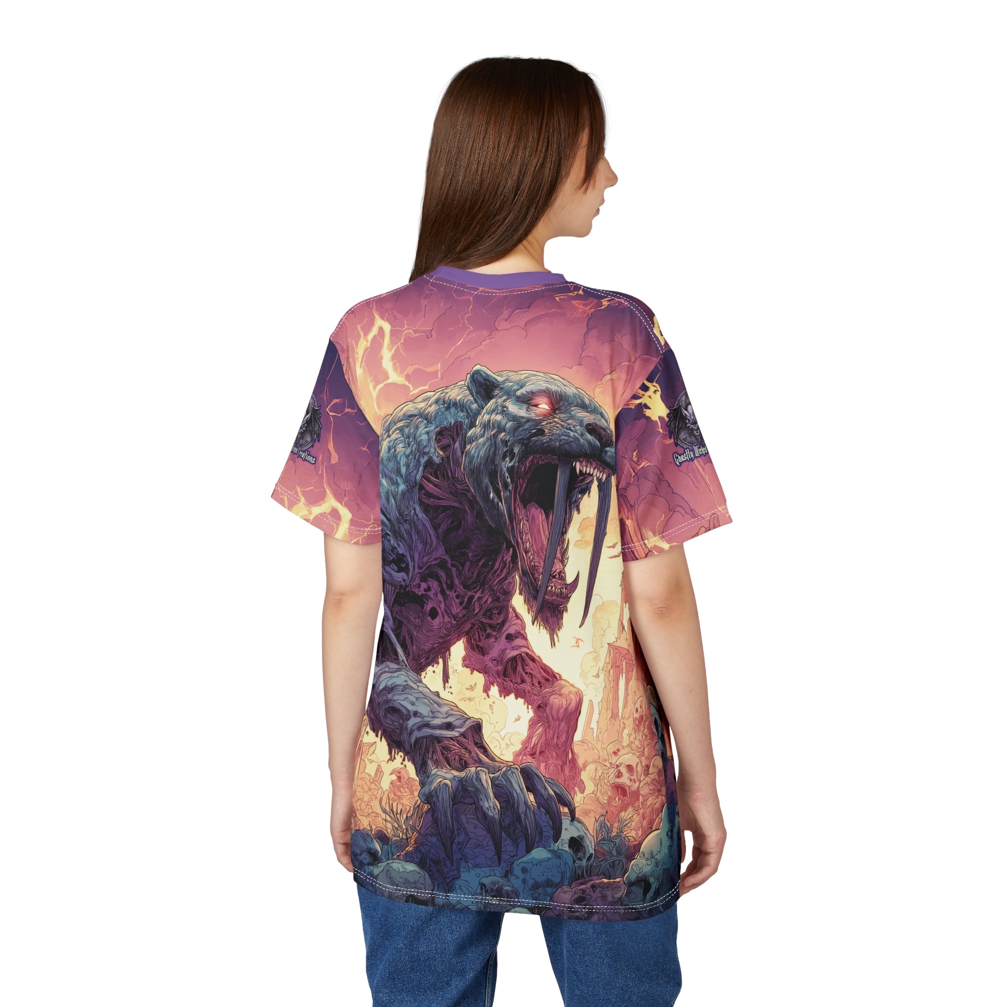 Zombie Smilodon Sabretooth Cat In Volcanic Wasteland Tee Unisex (AOP) - Image 34
