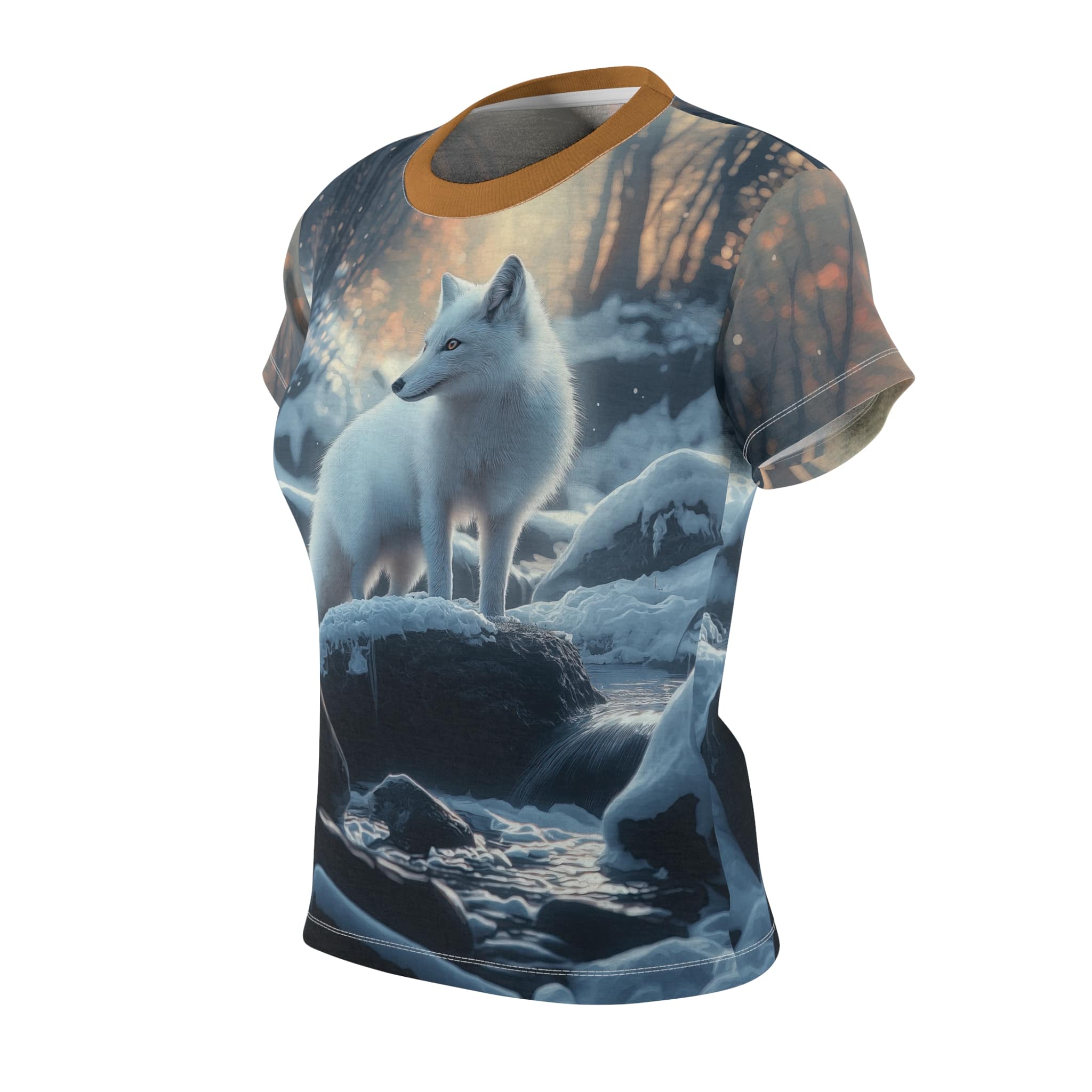 Arctic Fox In Woods Women's Tee by Wyldesigns - Wildlife Graphic T-Shirt #WD-M020 (AOP) - Image 3