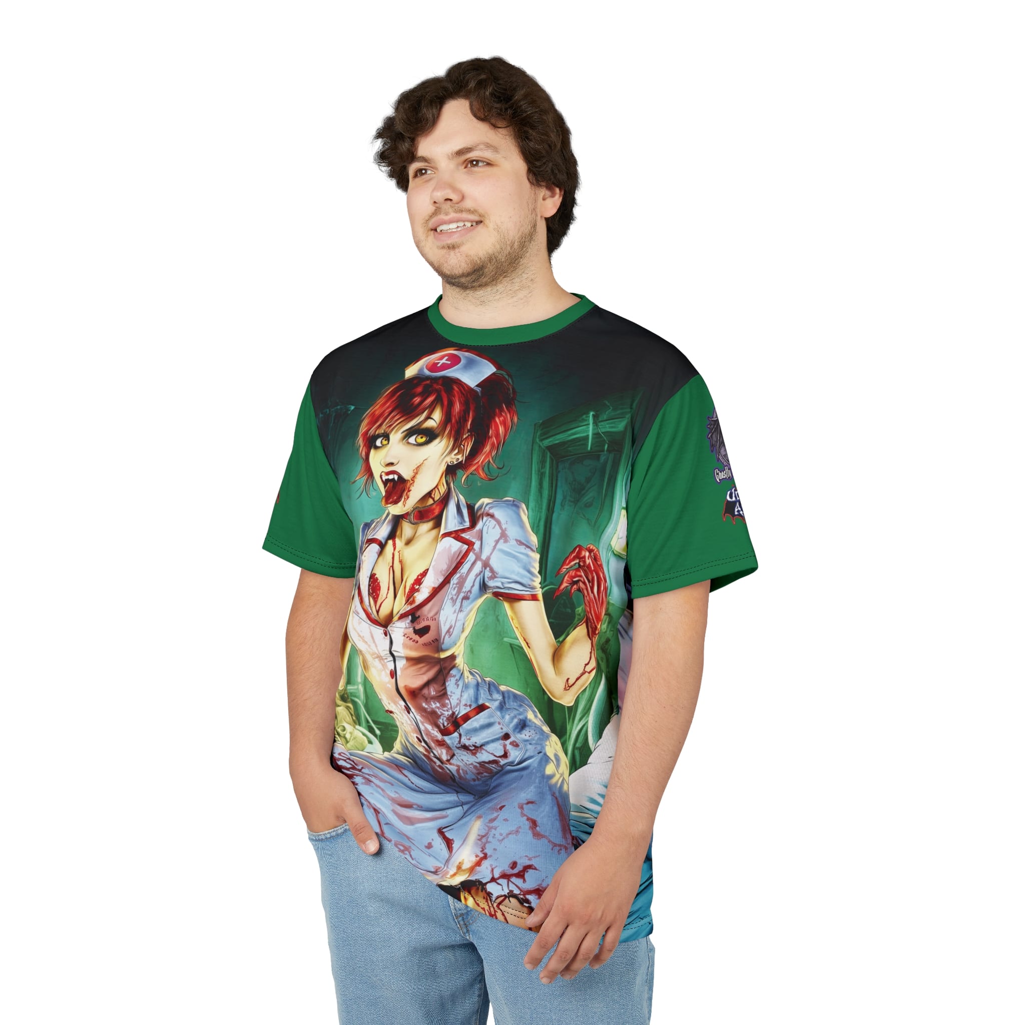 Undead Angels Zombie Nurse Abigail Reborn Style BZ-DS Unisex Cut & Sew Tee (AOP) Green - Image 10