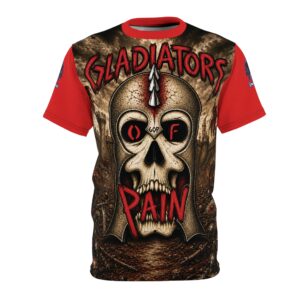 Gladiators Of Pain Metal Band Skull Helmet Graphic Unisex (AOP) T-Shirt - Red