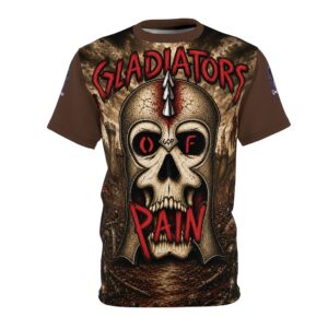 Gladiators Of Pain Metal Band Skull Helmet Graphic Unisex (AOP) T-Shirt - Brown